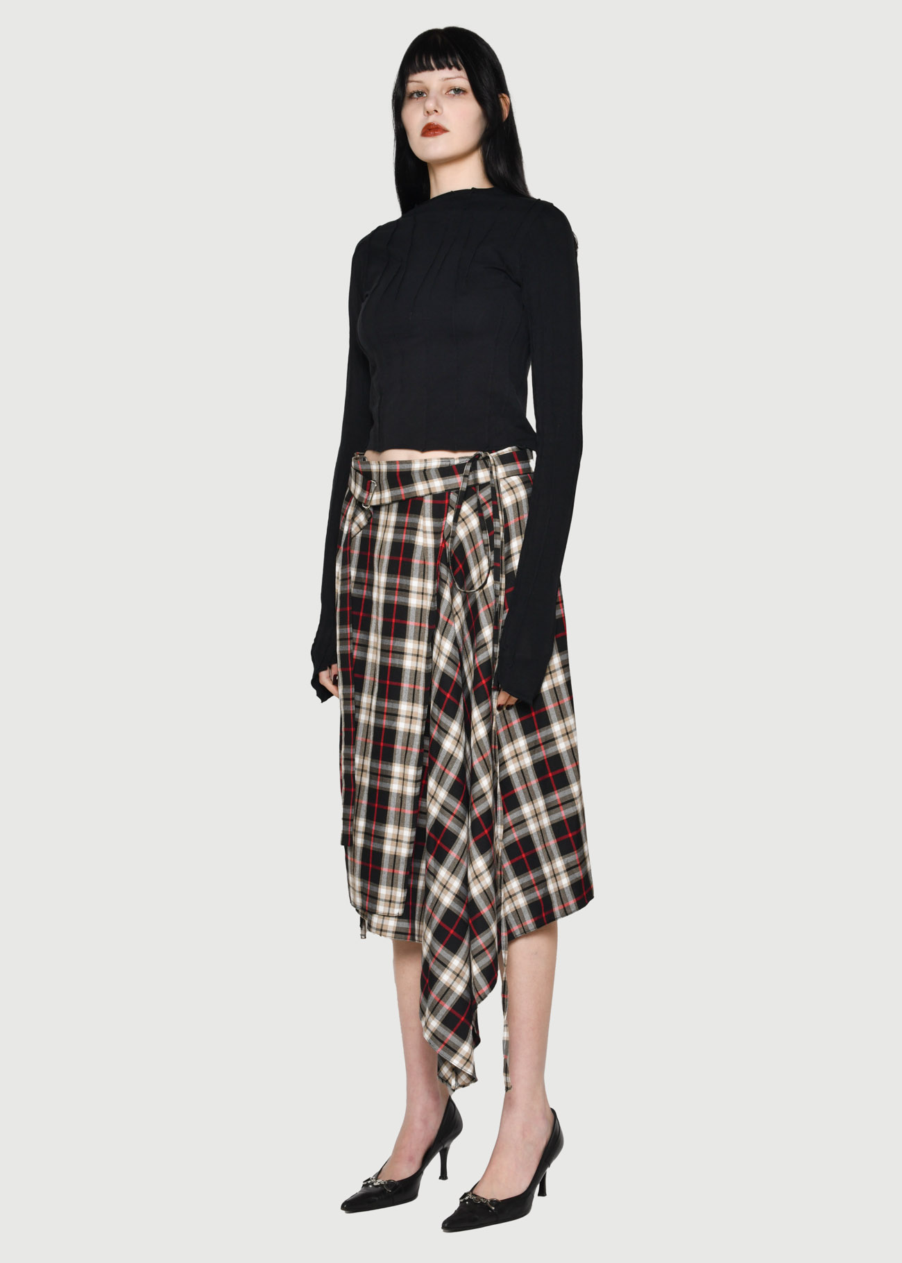 Brown Tartan Asymmetric Wrap Skirt - Image 3